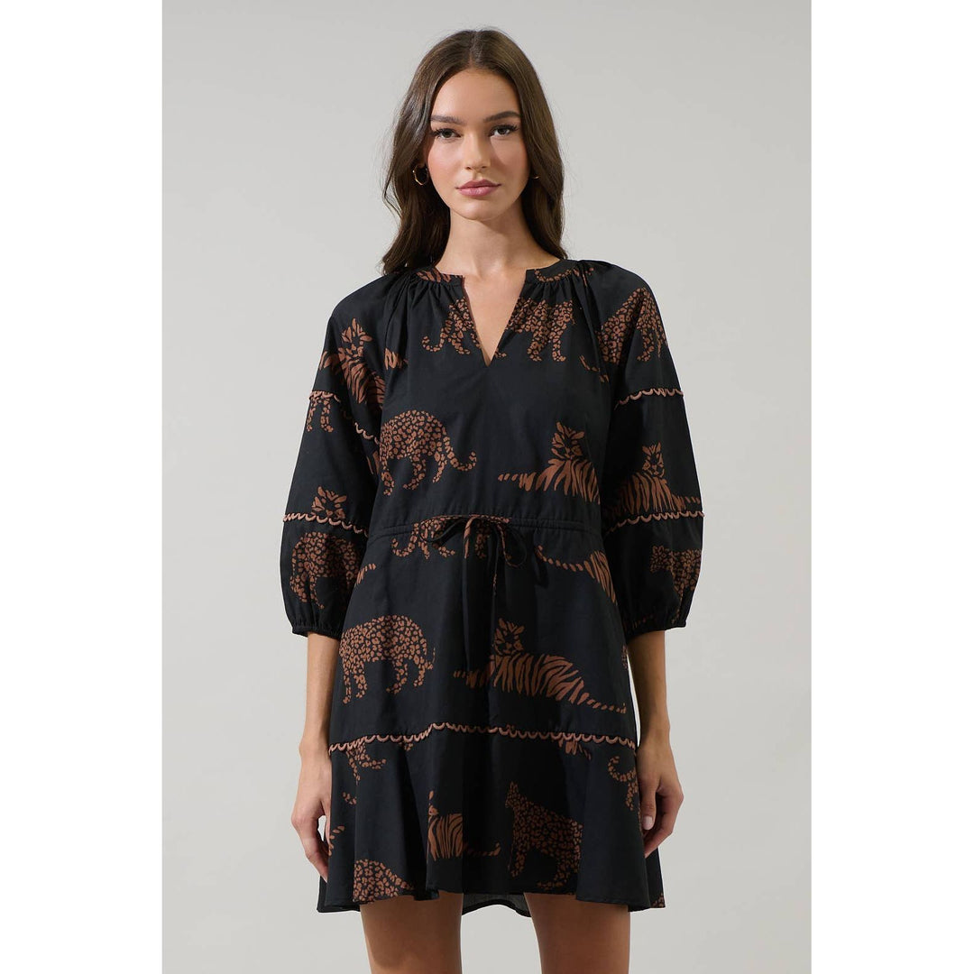 Black short-sleeved zenzi jungle mini dress with v-neckline and brown leopard print gathered waist