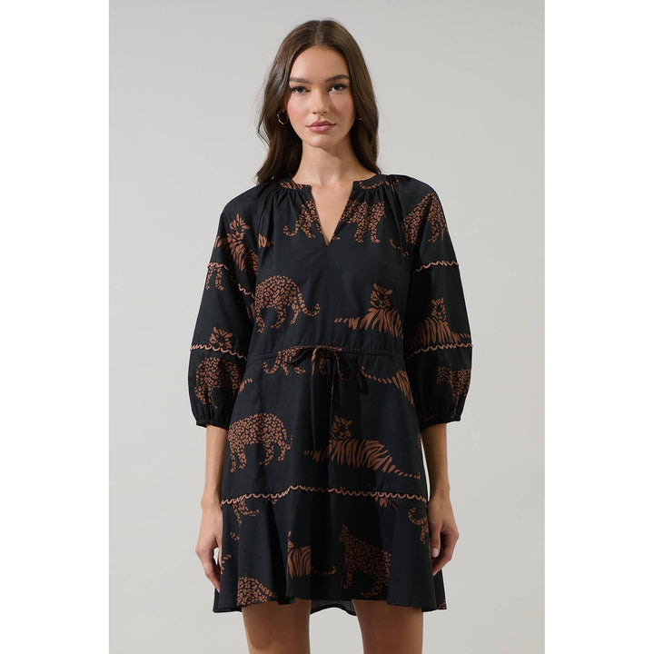 Black short-sleeved zenzi jungle mini dress with v-neckline and brown leopard print gathered waist