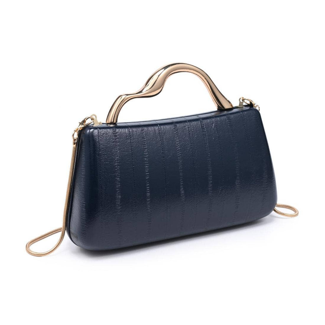 Navy blue textured Nichelle clutch with gold-tone curved handle and chain strap for elegant occasions