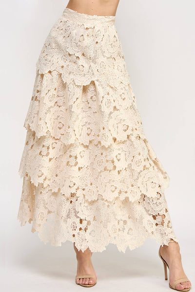 Ellison - TS-9996-6 EYELET TIERED RUFFLE MAXI SKIRT CREAM: S