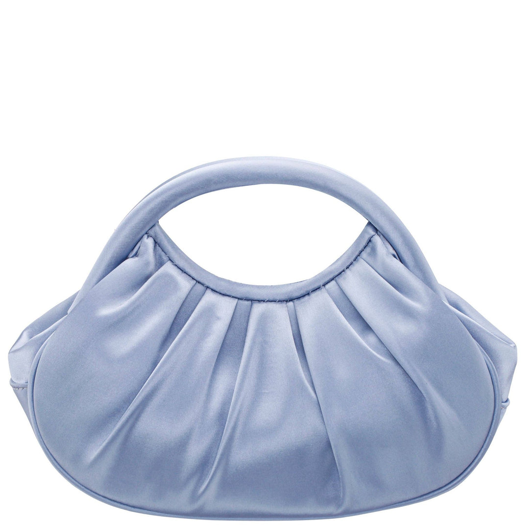 A soft lavender satin bren evening bag with a gathered ruched design and a rounded top handle