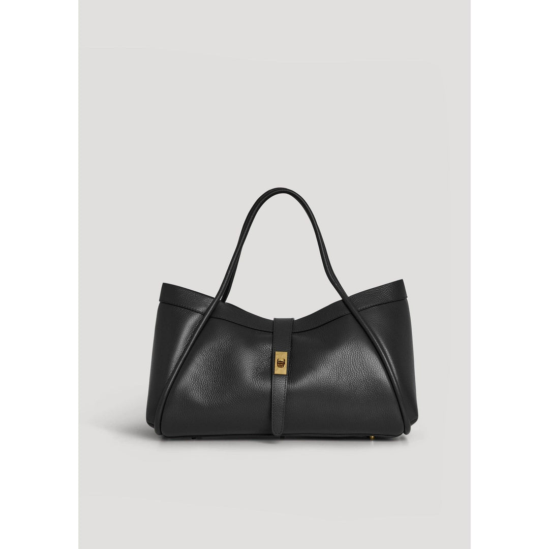 Black pebbled leather Mayfair tote bag with gold-tone clasp and structured handles for stylish everyday use