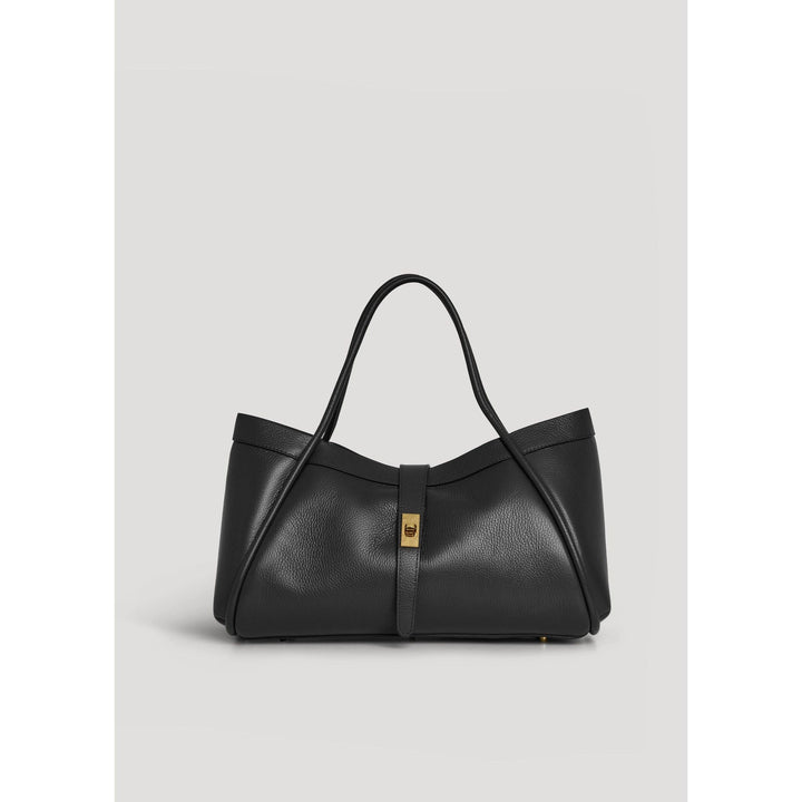 Black pebbled leather Mayfair tote bag with gold-tone clasp and structured handles for stylish everyday use