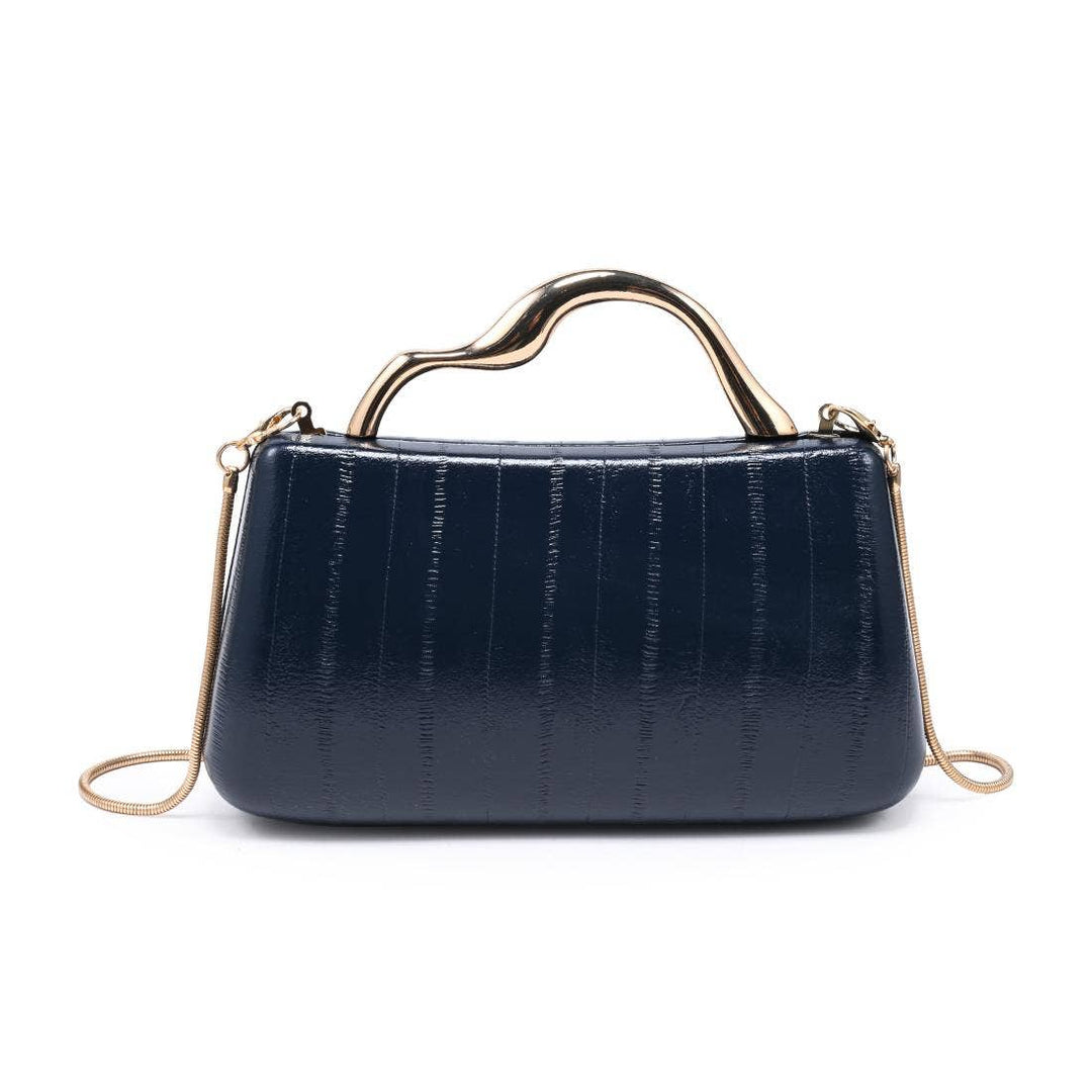 Navy clutch with crocodile-embossed leather and gold-tone metal handle and chain strap for elegant occasions