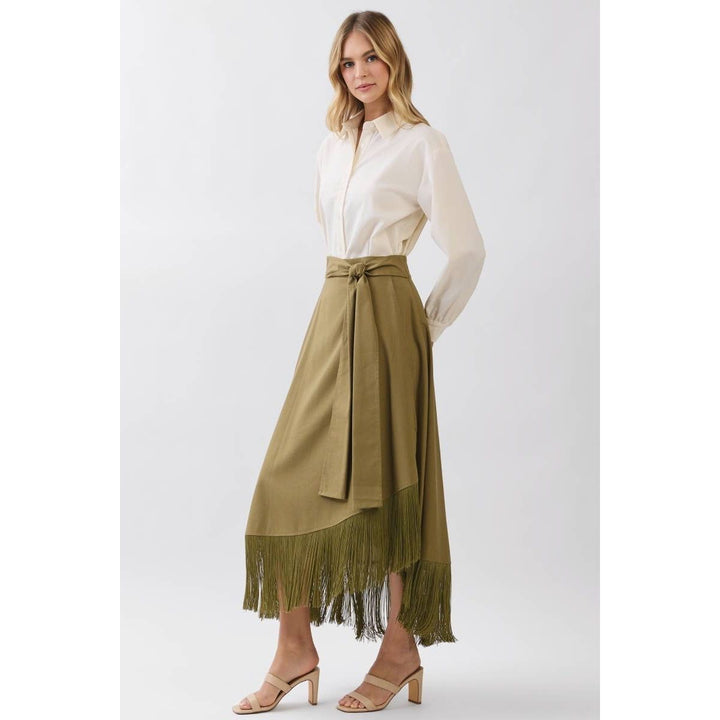 Olive Fringe Wrap Skirt