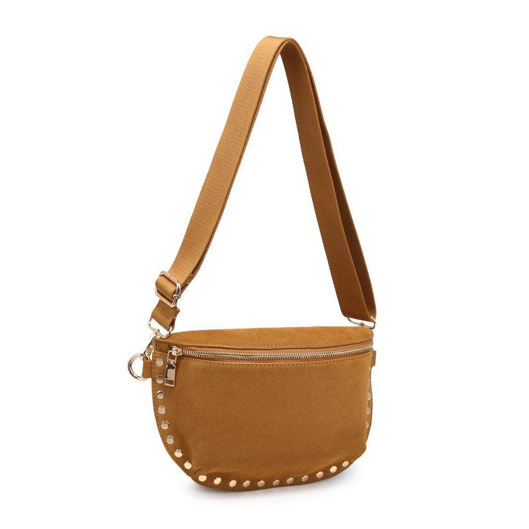 Tan suede Gizelle-Suede belt bag with studded details and a matching adjustable strap for hands-free carrying
