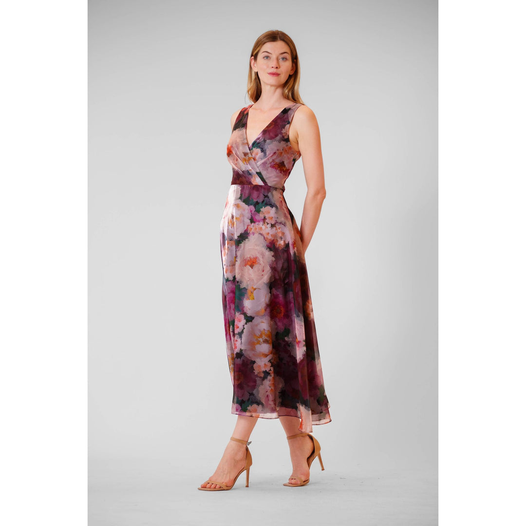 A flowing sleeveless midi gown in mauve and dusty rose floral organza with peach and deep purple accents