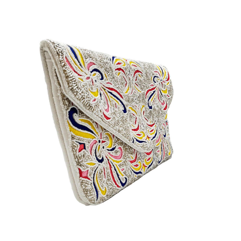 Multi color beaded clutch purse with silver beads and vibrant pink yellow and blue floral embroidery