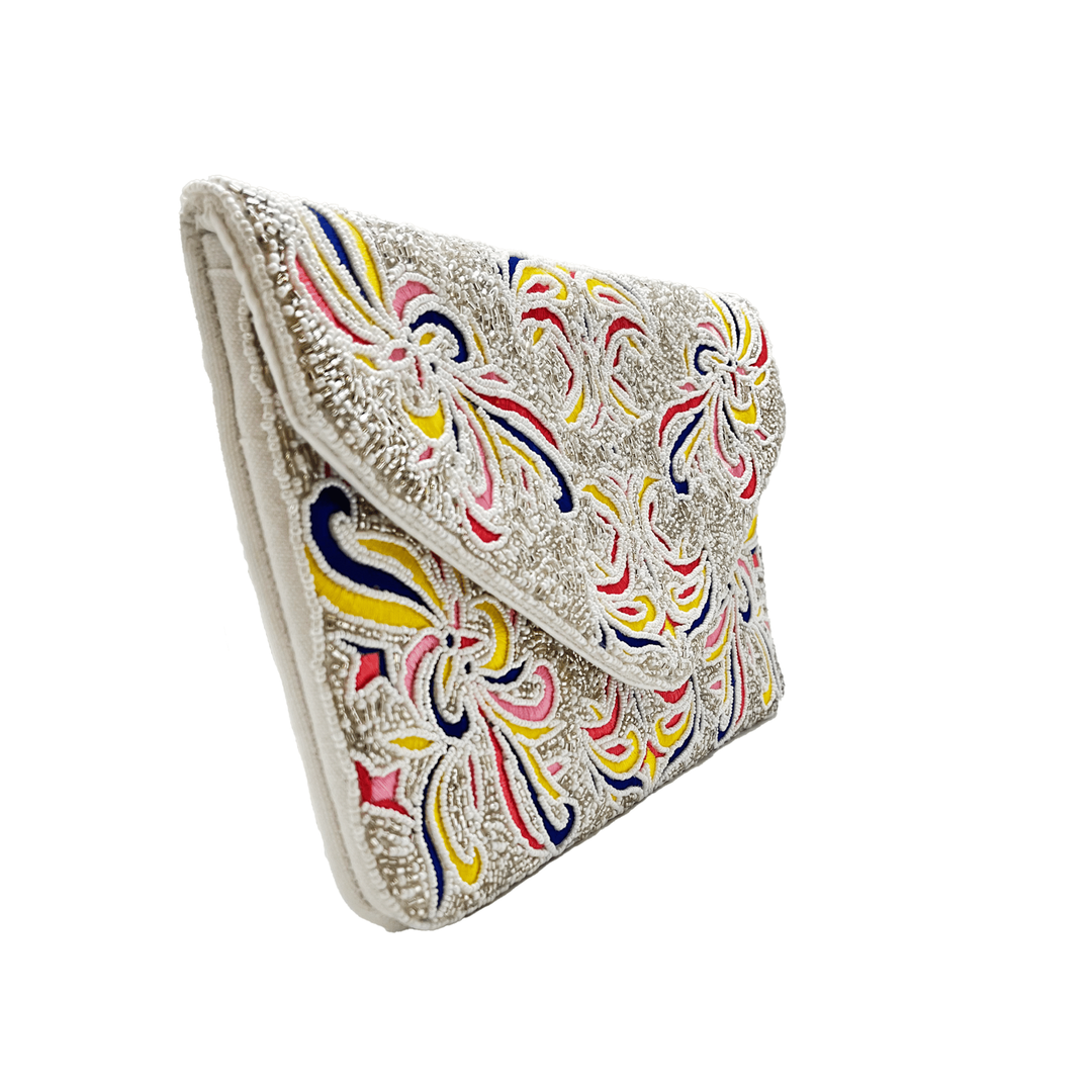 Multi color beaded clutch purse with silver beads and vibrant pink yellow and blue floral embroidery