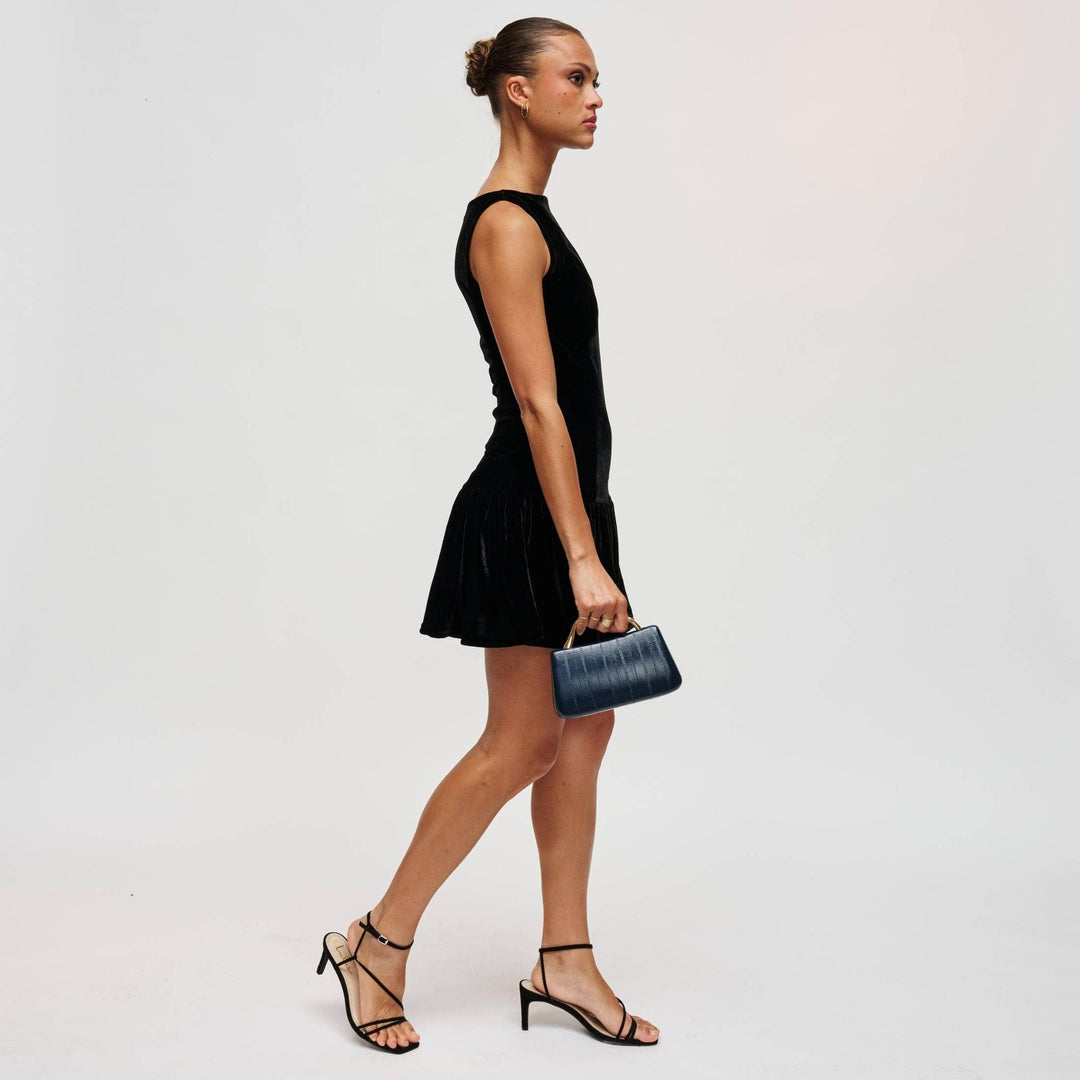 Navy blue crocodile-textured mini clutch with gold-tone hardware from the Nichelle Clutch navy collection