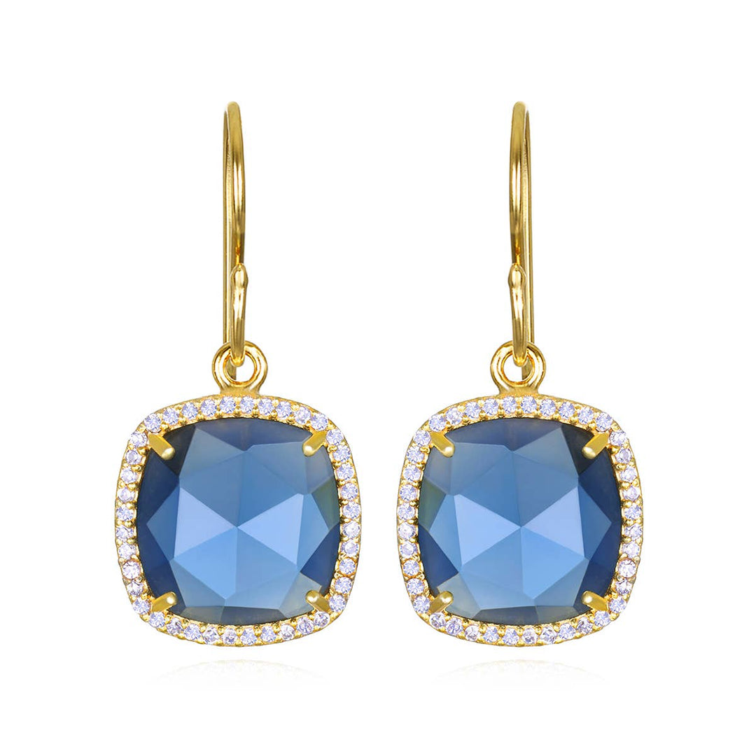 Elegant gold-toned Paris cushion cut dangle earrings with faceted sapphire blue gemstones and clear crystal halos