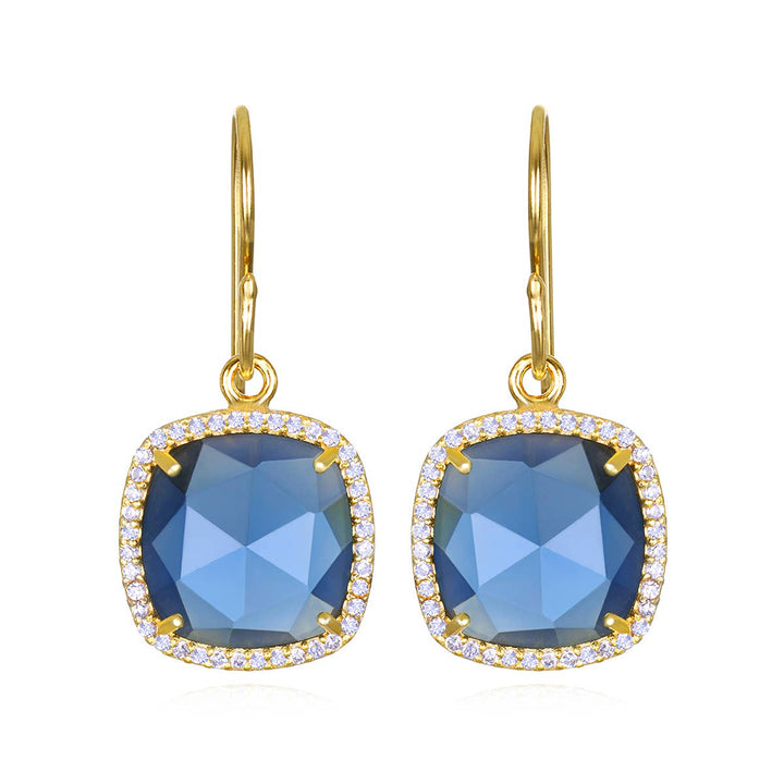 Elegant gold-toned Paris cushion cut dangle earrings with faceted sapphire blue gemstones and clear crystal halos