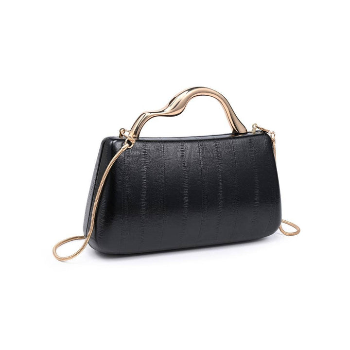 Nichelle clutch in black with textured surface, gold-tone twisted handle, and chain strap for elegant occasions