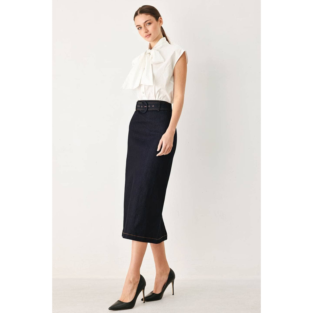 Navy blue denim pencil skirt with straight cut and subtle hemline detailing for a sleek midi look