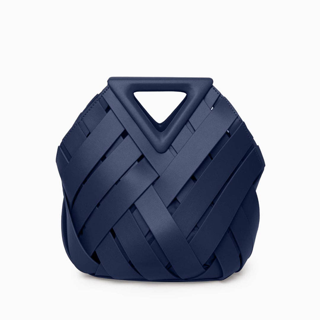 Navy blue woven strap natalie handbag with triangular handle designed for stylish everyday use