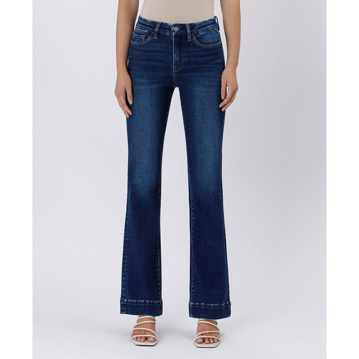 Dark blue high rise trouser denim jeans with flared legs classic five-pocket design and rolled cuffs