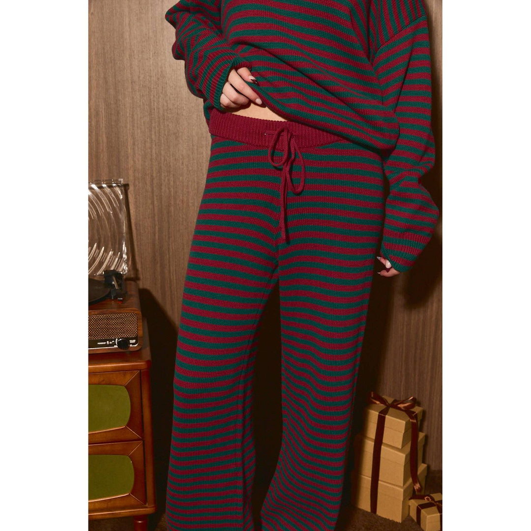 Striped Knit Sweater and Wide Leg Pant Set-Red + Green