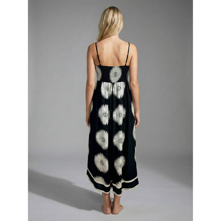 Black maxi dress lunar bloom maxi dress with white sunburst patterns and thin straps perfect for summer wear