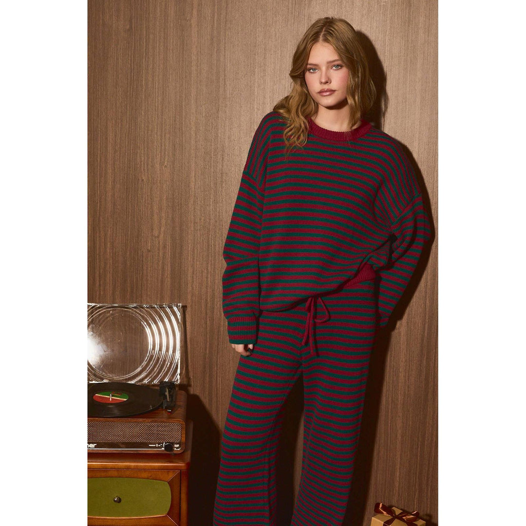 Striped Knit Sweater and Wide Leg Pant Set-Red + Green