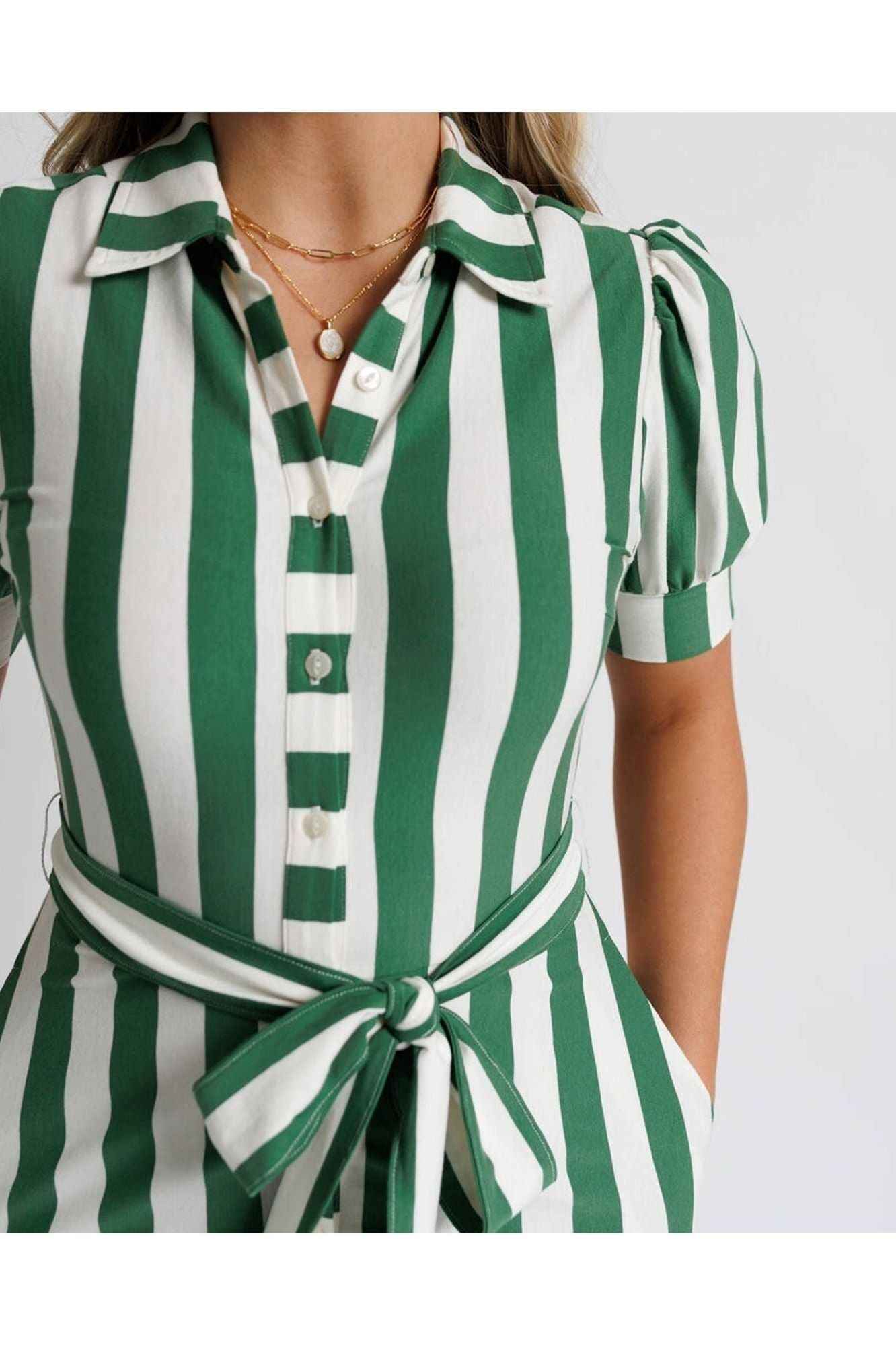 Green and White Stripe Shirt Dress
