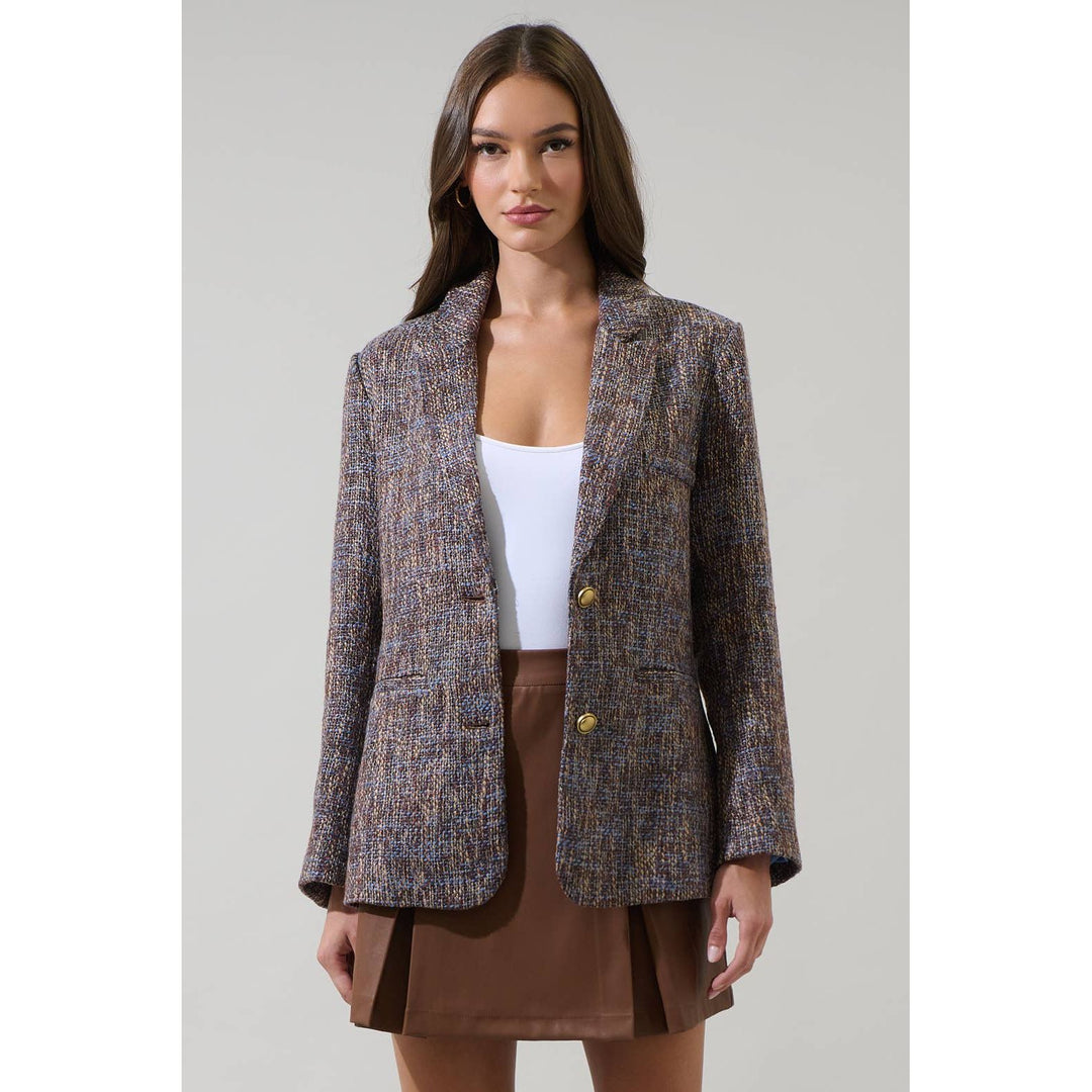 Textured tweed oversized blazer in muted brown and gray blend with gold-tone buttons for stylish layering