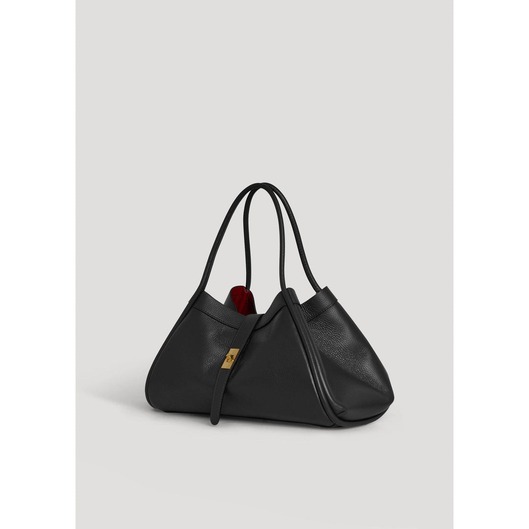 Black leather Mayfair tote bag with gold-tone hardware and vibrant red interior lining for stylish everyday use