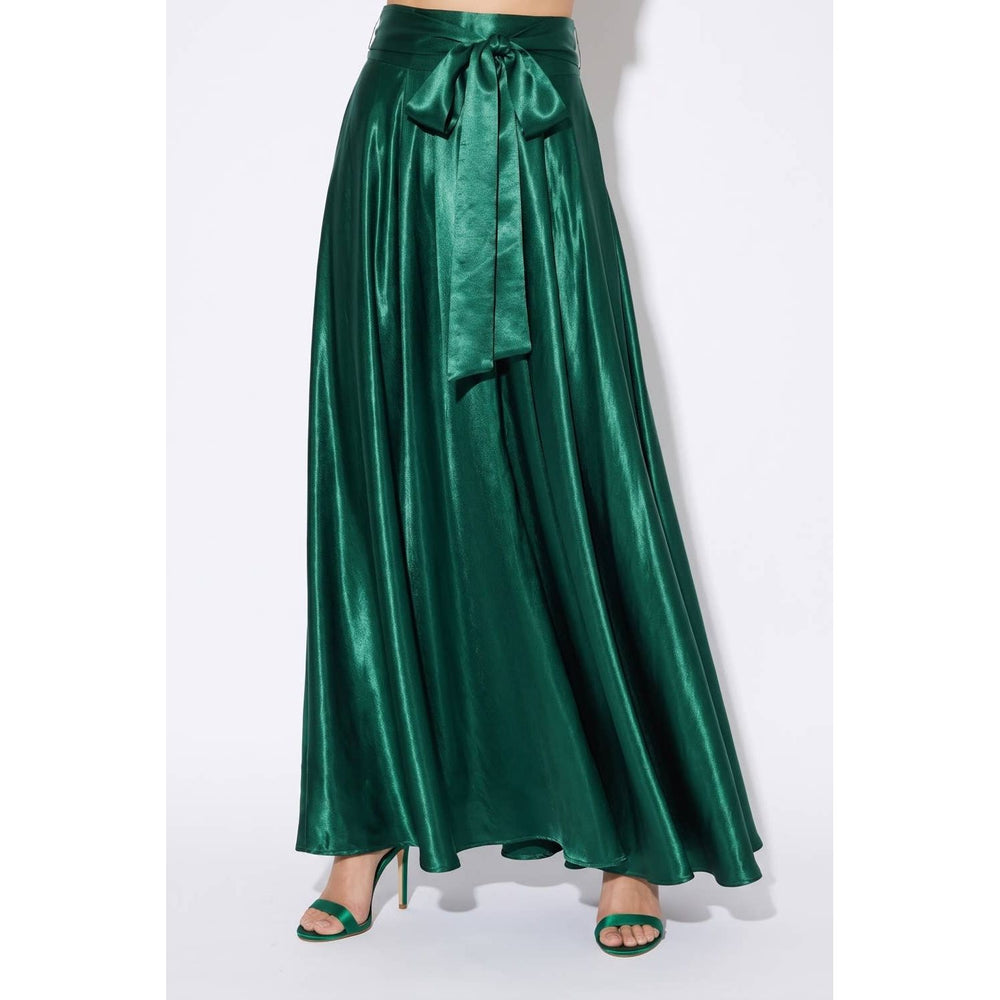 Emerald green glossy satin maxi skirt with matching self-tie belt perfect for elegant occasions
