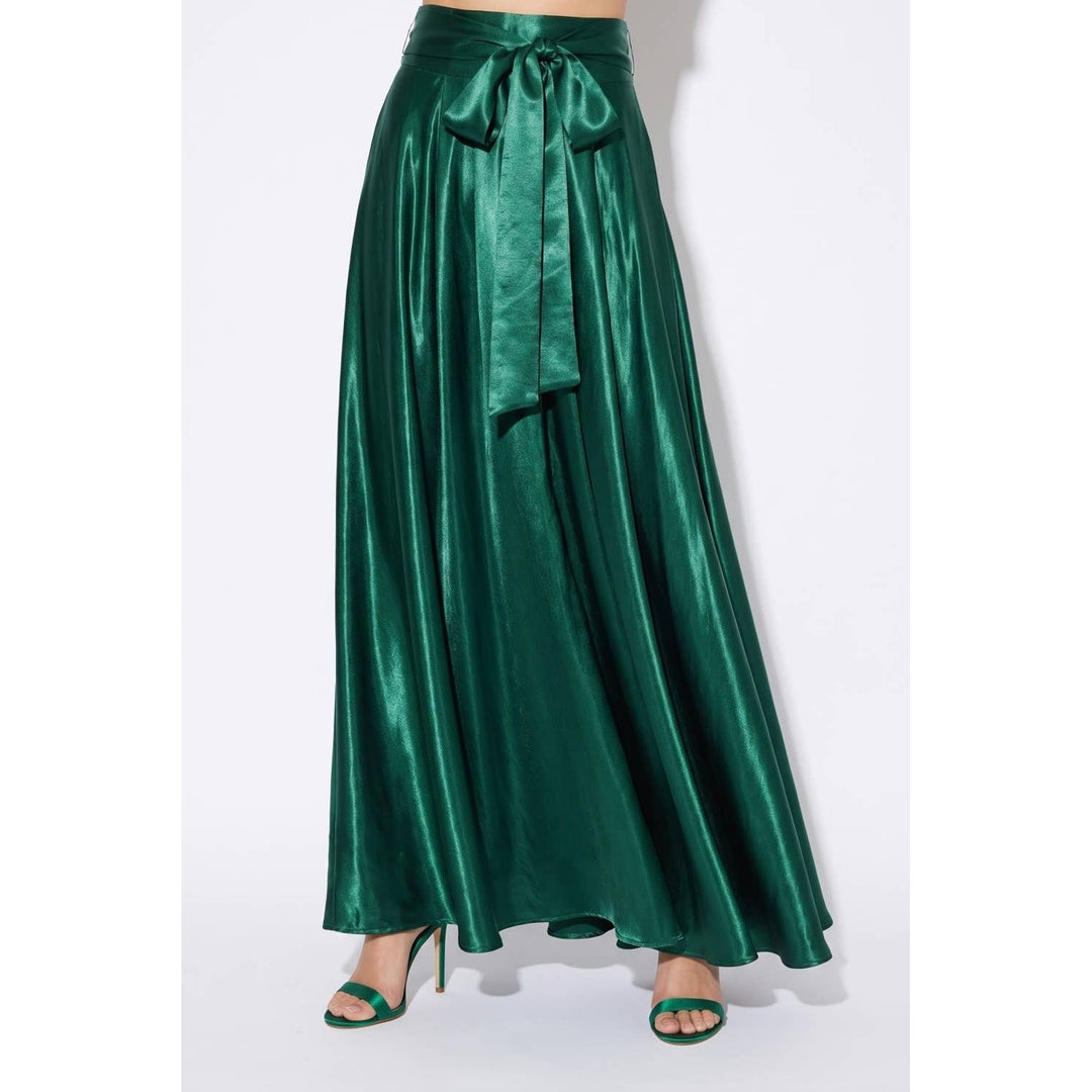 Emerald green glossy satin maxi skirt with matching self-tie belt perfect for elegant occasions
