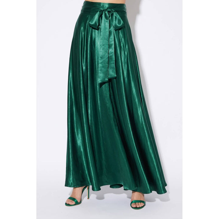 Emerald green glossy satin maxi skirt with matching self-tie belt perfect for elegant occasions