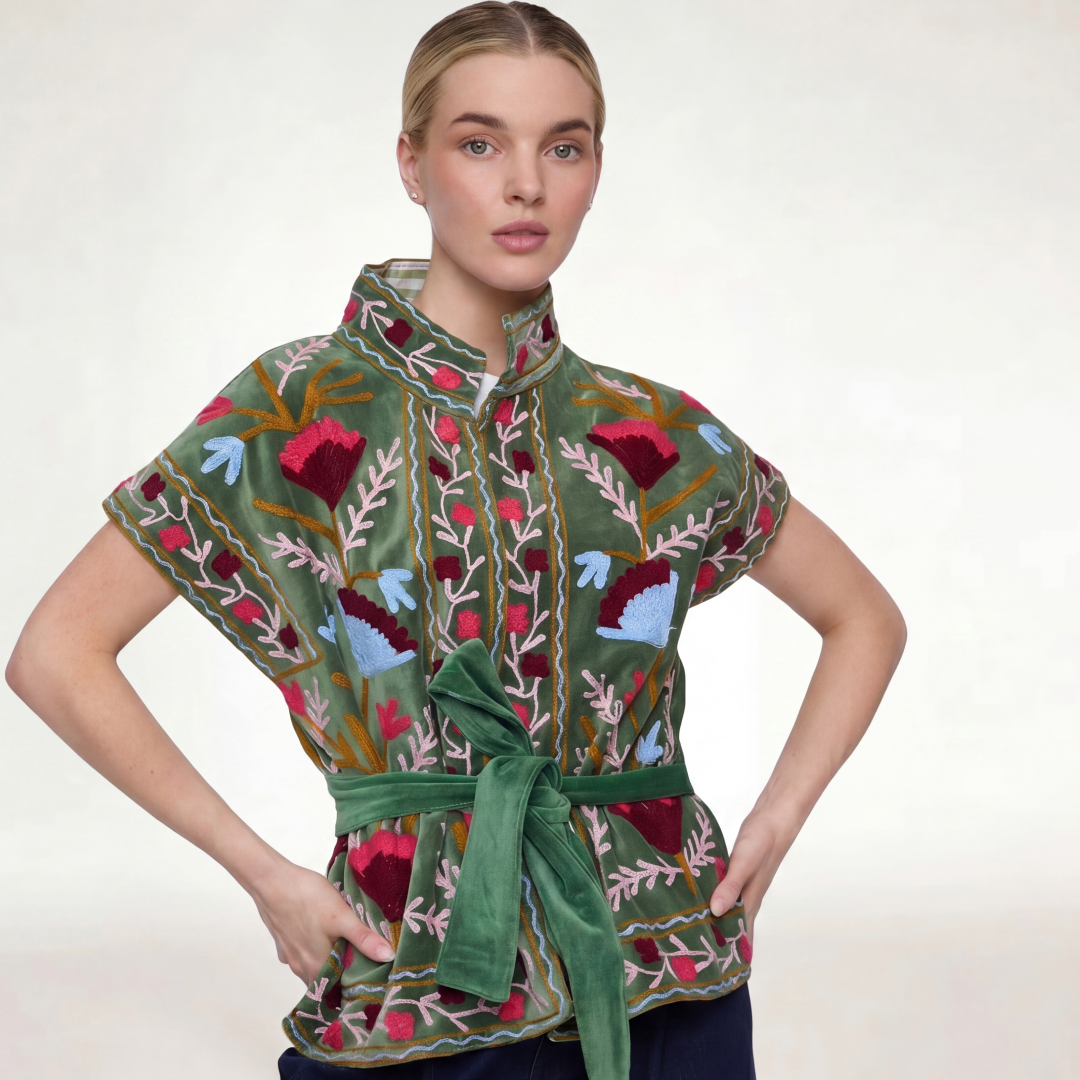 Jaipur embroidered jacket green made of green velvet with intricate red blue and beige floral embroidery