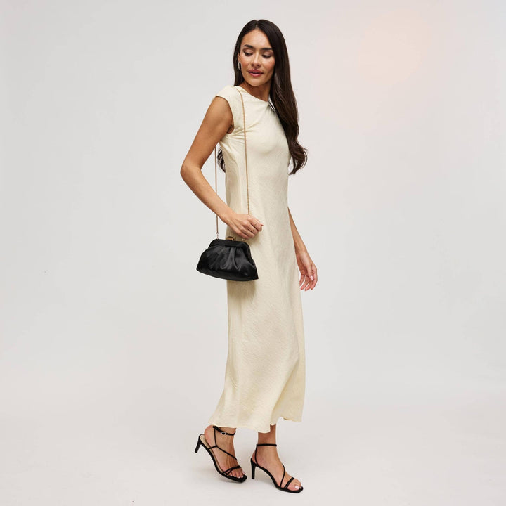 Black satin evening clutch with gold chain strap suitable for formal occasions