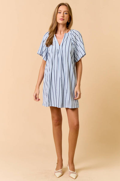 Striped Deep V-Neckline Mini Dress Light Blue
