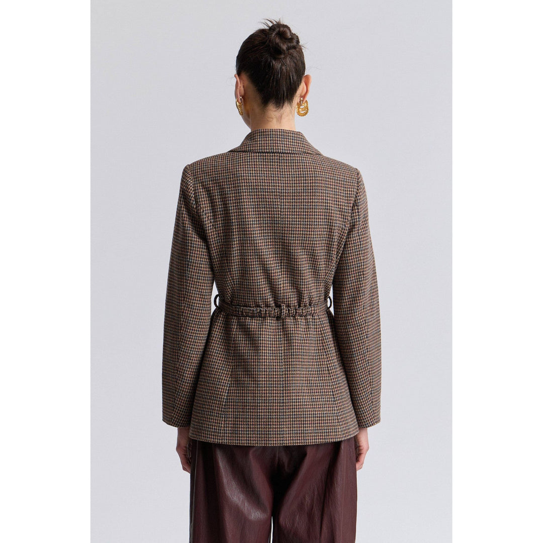 Brown and black houndstooth belted blazer with cinched waist perfect for stylish layering in cooler weather