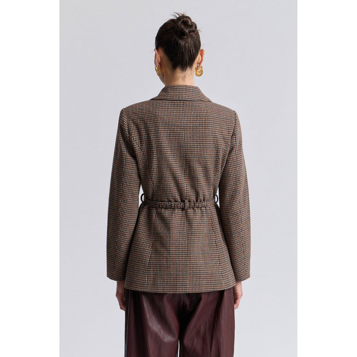 Brown and black houndstooth belted blazer with cinched waist perfect for stylish layering in cooler weather