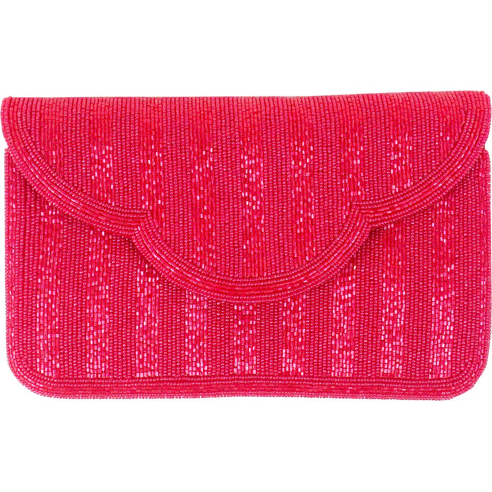 Rhubarb beaded clutch in vibrant fuchsia with scalloped flap and vertical stripe pattern in beads