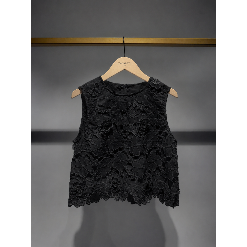 Black lace sleeveless floral applique top with embroidered flowers and scalloped hem for elegant wear