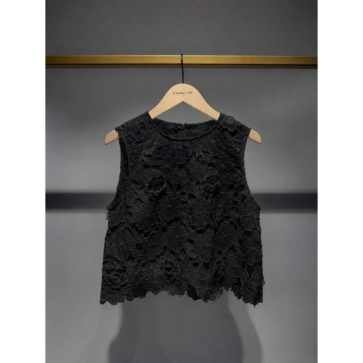 Black lace sleeveless floral applique top with embroidered flowers and scalloped hem for elegant wear