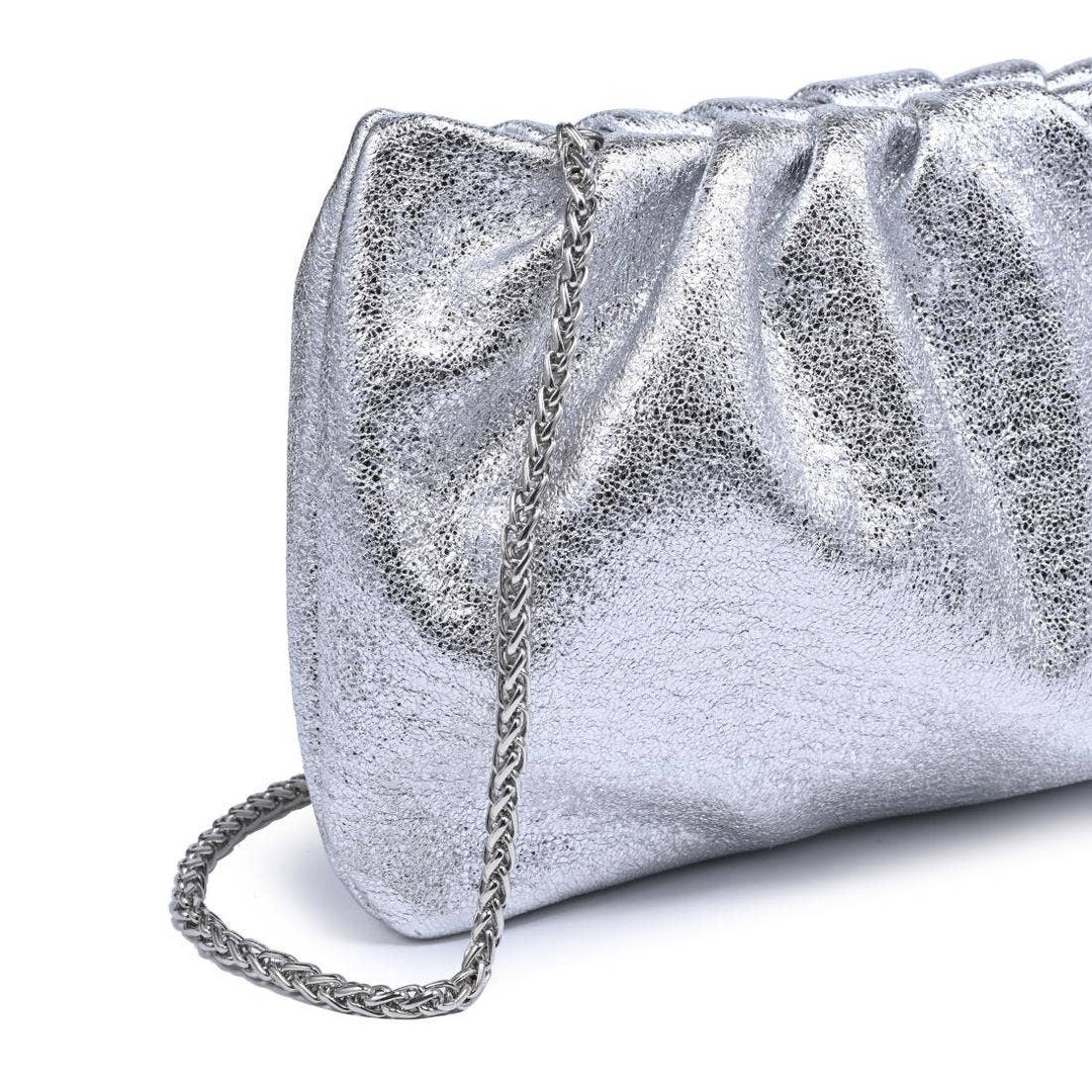 Moda Luxe fancy clutch silver metallic with textured crinkled surface and braided chain strap for stylish occasions
