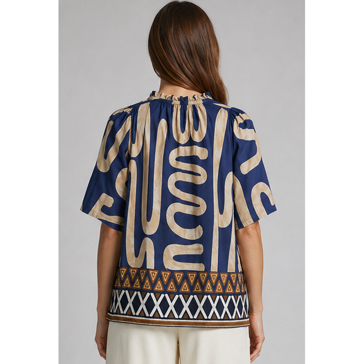 Mediterranean top blue and beige patterned blouse with geometric designs perfect for casual wear