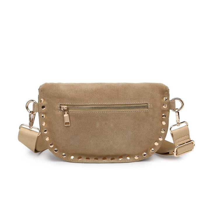 Gizelle-suede belt bag bone beige suede fanny pack with gold-tone studs and front zipper pocket