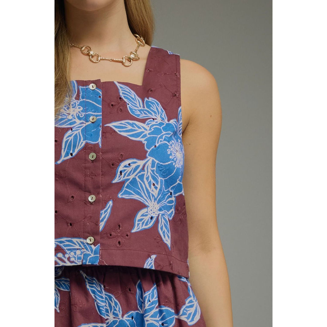 The Pearl Pagoda Bordeaux Blooms cotton eyelet top with a wine and blue floral print, square neck, and button front.