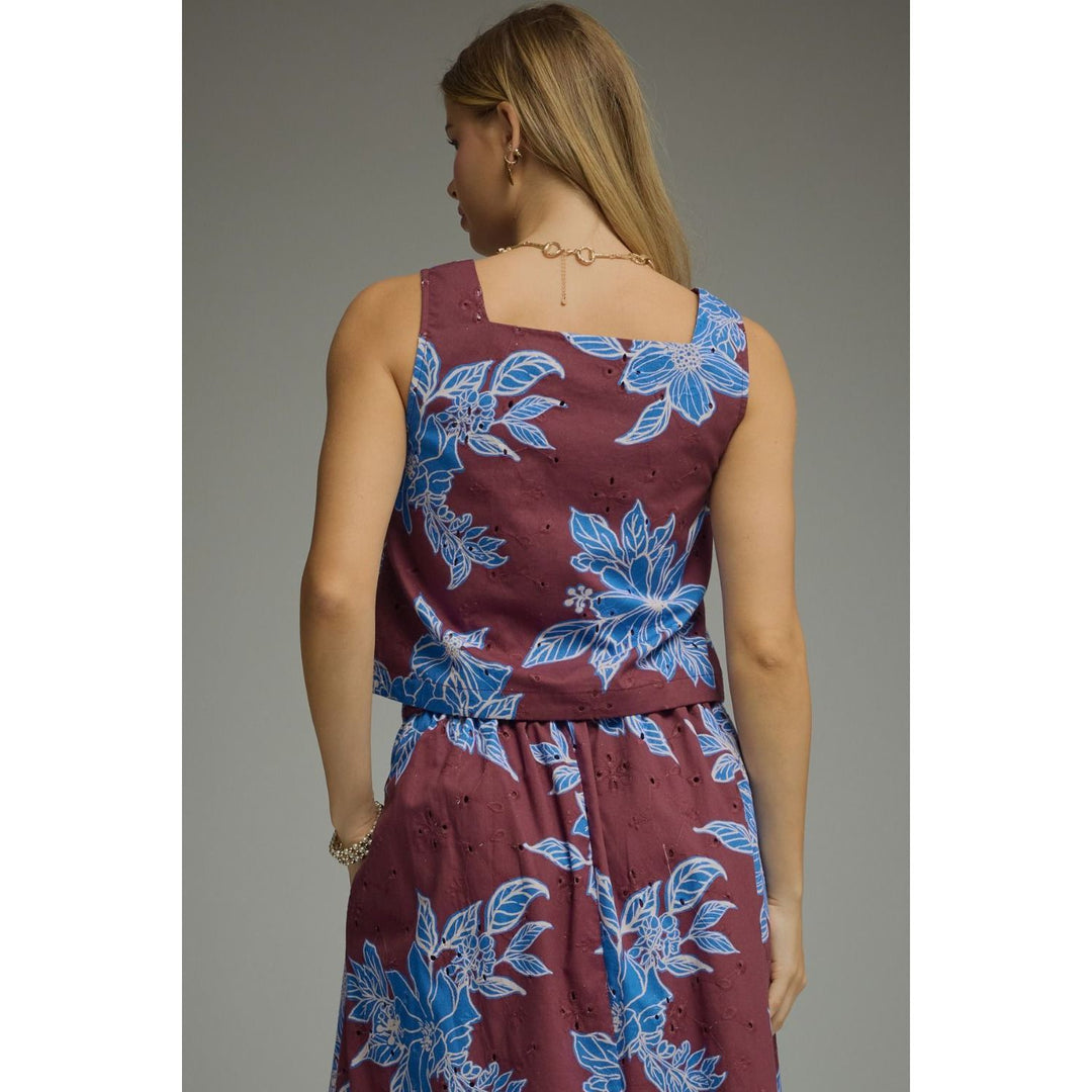 Back view of The Pearl Pagoda Bordeaux Blooms cotton eyelet top with wine and blue floral print and square neckline.