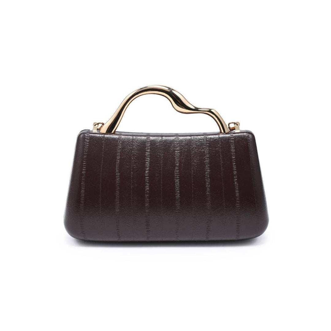 The Pearl Pagoda Nichelle clutch in espresso brown with a sculptural gold metal handle and vertical embossed texture.