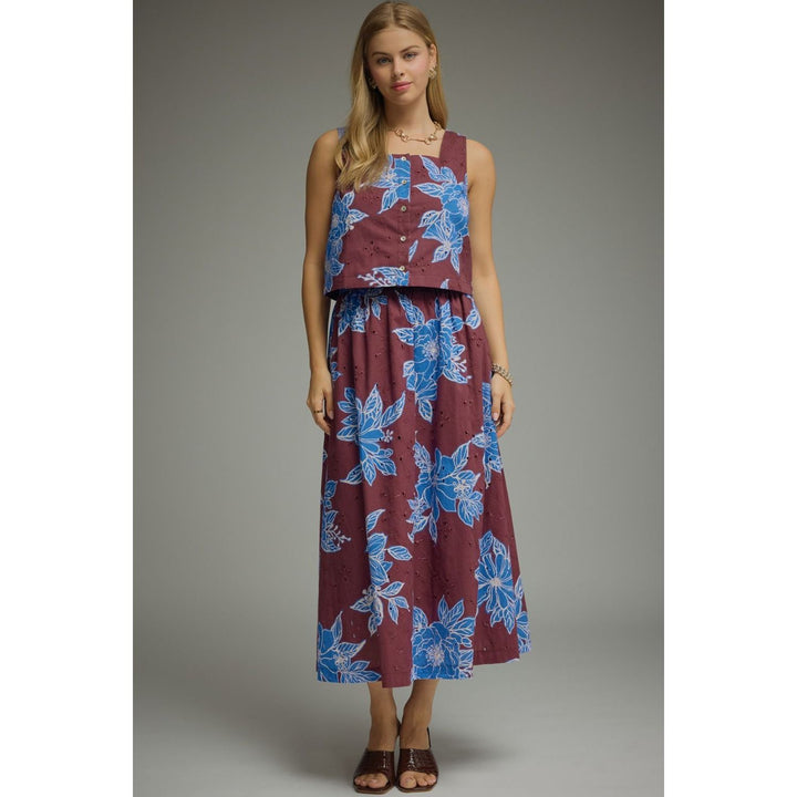 The Pearl Pagoda Bordeaux Blooms cotton eyelet top and matching midi skirt in wine and blue floral print