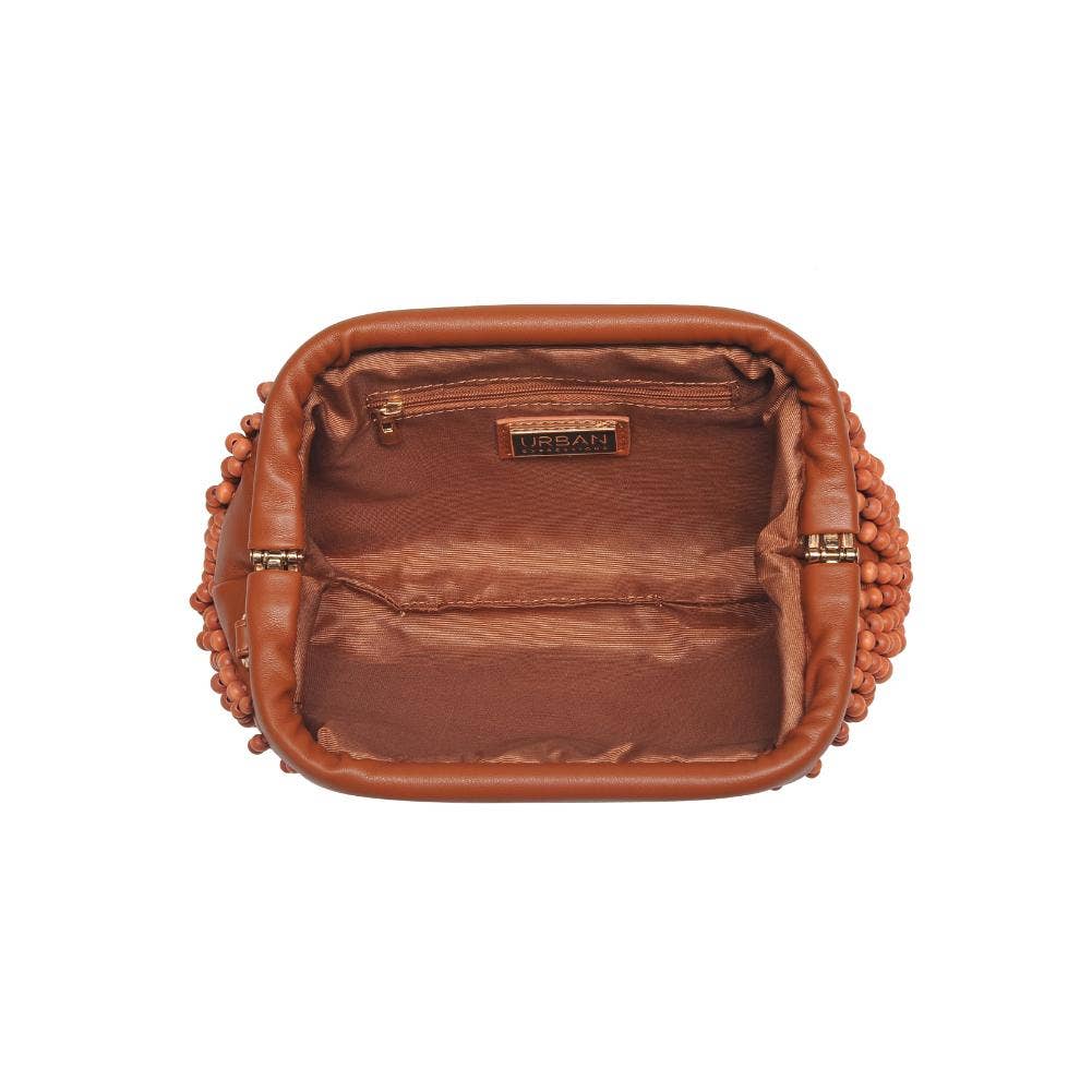 The Pearl Pagoda Lydia beaded clutch in teak wood with an open interior view and brown fabric lining.