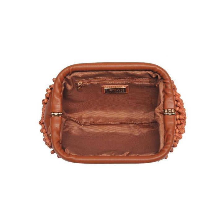 The Pearl Pagoda Lydia beaded clutch in teak wood with an open interior view and brown fabric lining.