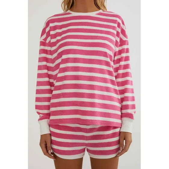 The Pearl Pagoda Fia short and matching top in pink and white misty stripe soft terry cloth with a relaxed fit.