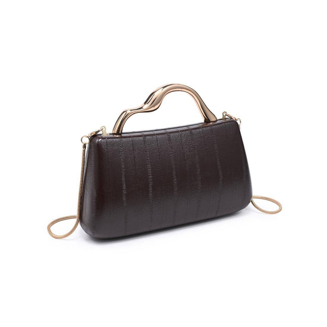 The Pearl Pagoda Nichelle clutch in espresso brown with a sculptural gold metal handle and vertical embossed texture.