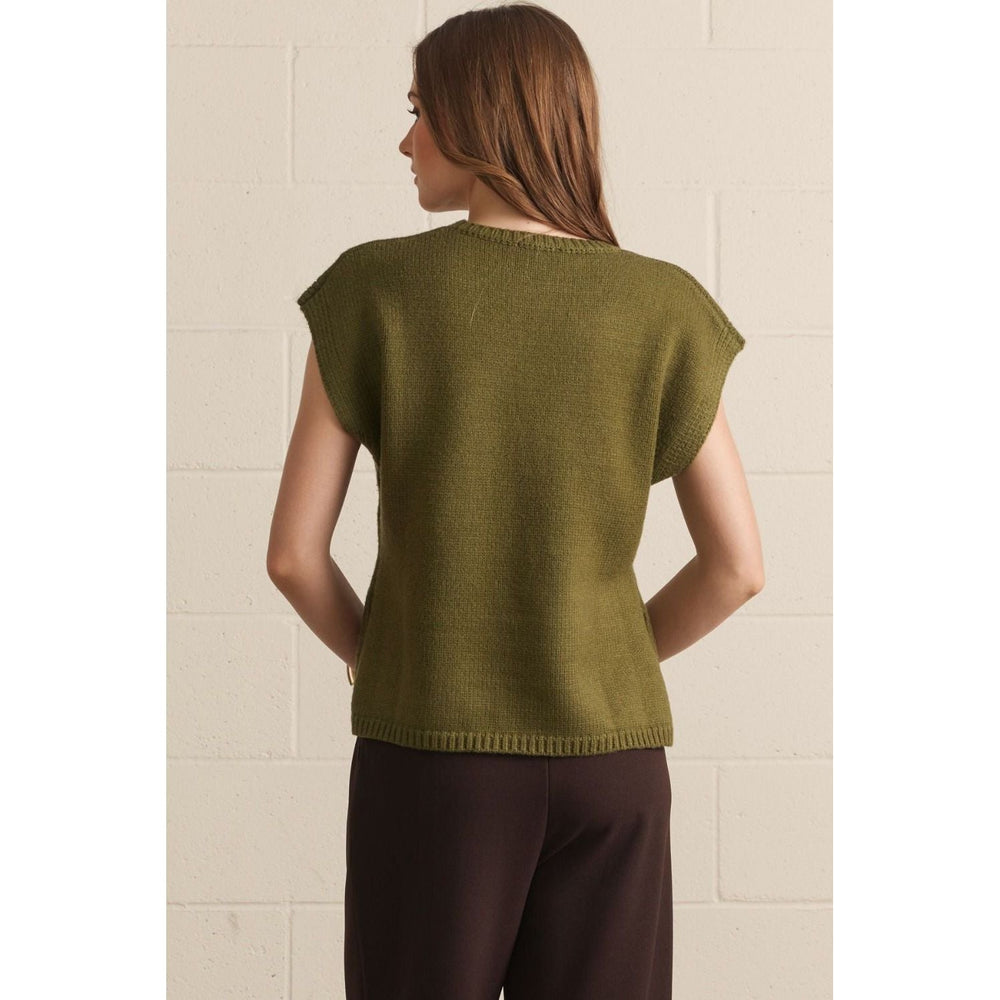 Back view of The Pearl Pagoda olive green viscose knit sweater with cap sleeves and crew neck on a model