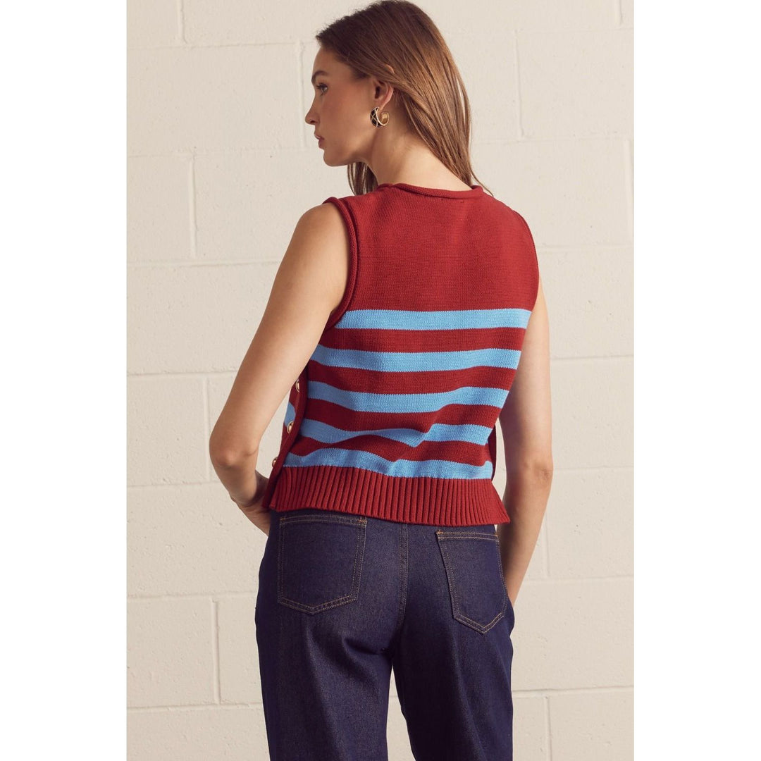 The Pearl Pagoda burgundy and powder-blue striped cotton sweater vest with gold-tone side buttons, back view.